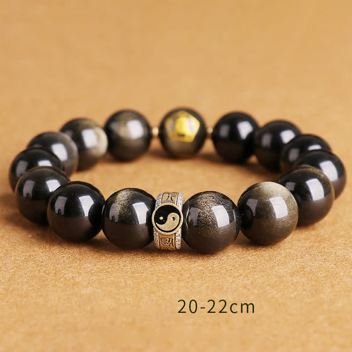 Buddha Stones 925 Sterling Silber Schwarz Obsidian Gold Glanz Obsidian Silber Glanz Obsidian Yin Yang Schutzarmband