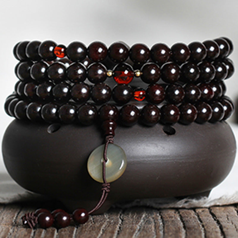 Buddha Stones, 108 Mala-Perlen, 4,8 Sterne, mit goldenem Stern, indisches kleines Blatt, rotes Sandelholz, Bernstein, Türkis, chinesisches Knoten-Segen-Armband