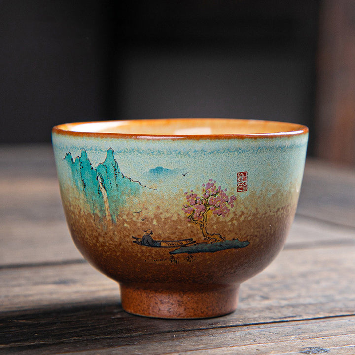 Buddha Stones, bunt, Hirsch, Pipa, Schnee, Pflaumenblüten, Berge, Flüsse, Vogel, Keramik-Teetasse, Kung-Fu-Teetasse, Schüssel