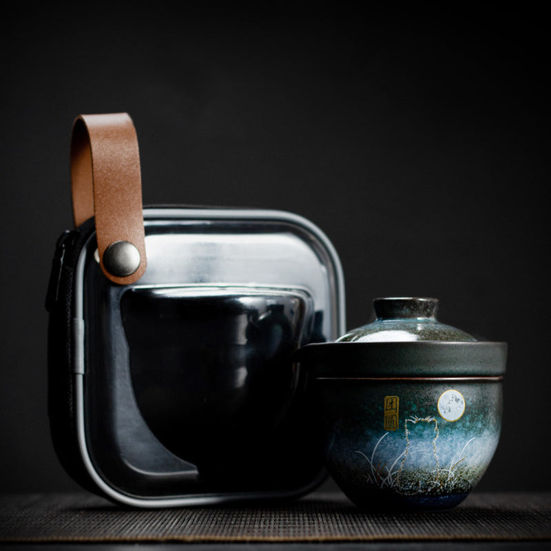 Buddha Stones Keramik-Teetasse, Hirsch, Bergbäume, schöne Katze, schwarze Teetasse mit Deckel und Beutel