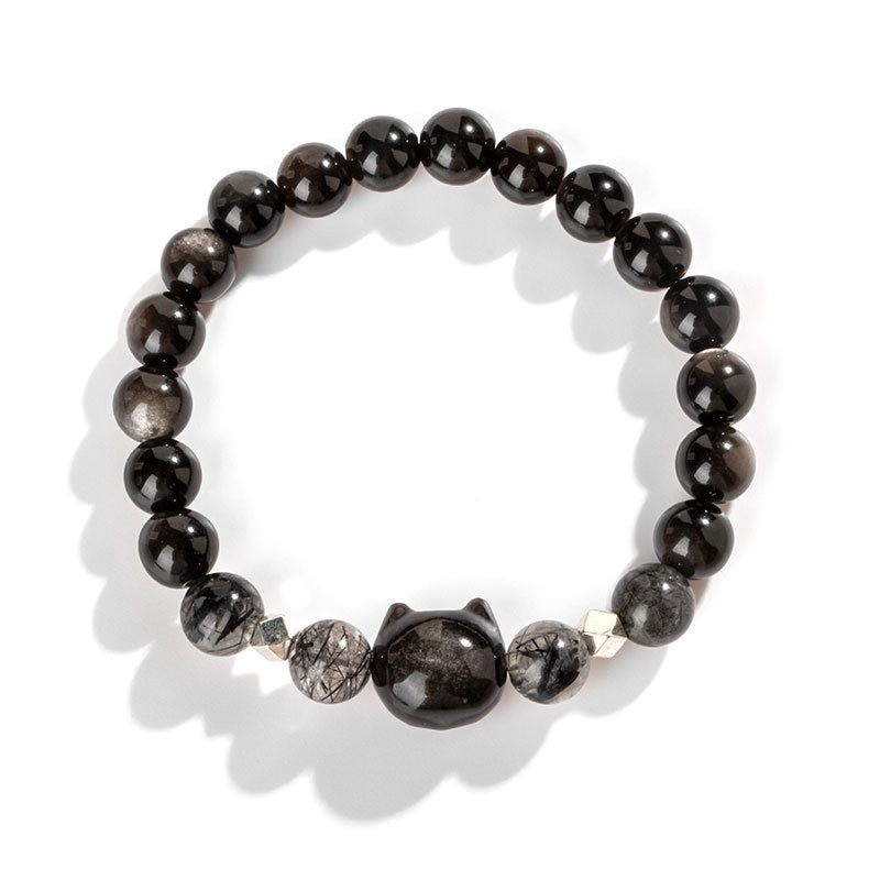 Buddha Stones Natürliches silberglänzendes Obsidian-Armband zum Schutz des niedlichen Katzenkopfes