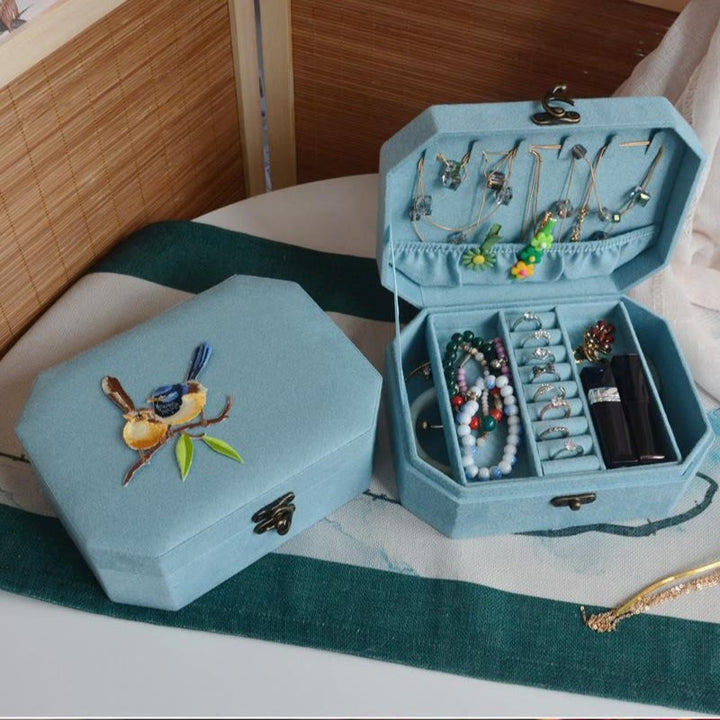Schmuckschatulle mit Buddha Stonesn, Magnolien- und Pflaumenblüten-Lovebirds, Koi-Fisch-Design, Organizer, Flanell-Schmuckaufbewahrungsbox