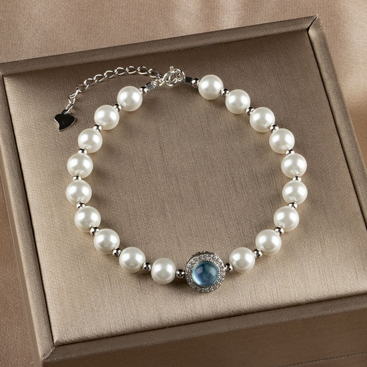 Buddha Stones 925 Sterling Silber Perle Blauer Chalcedon Heilkette Armband Ring
