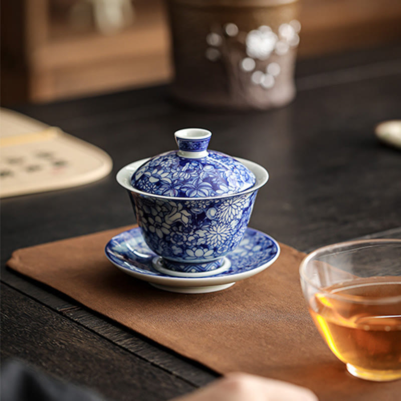 Buddha Stones Vintage blaue und Weiß Porzellan-Keramik-Gaiwan-Sancai-Teetasse Kung-Fu-Teetasse und Untertasse mit Deckel