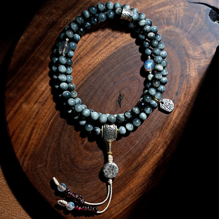 Buddha Stones 925 Sterling Silber 108 Mala Perlen Adlerauge Stein Mondstein Positives Armband