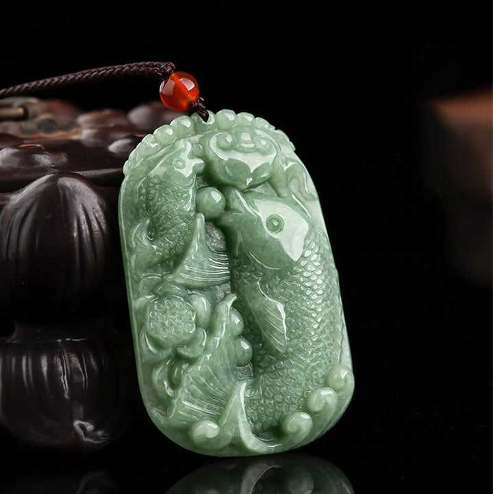 Buddha Stones, natürlicher Jade-Koi-Fisch, Lotus, Reichtum, Wohlstand, Halsketten-Anhänger