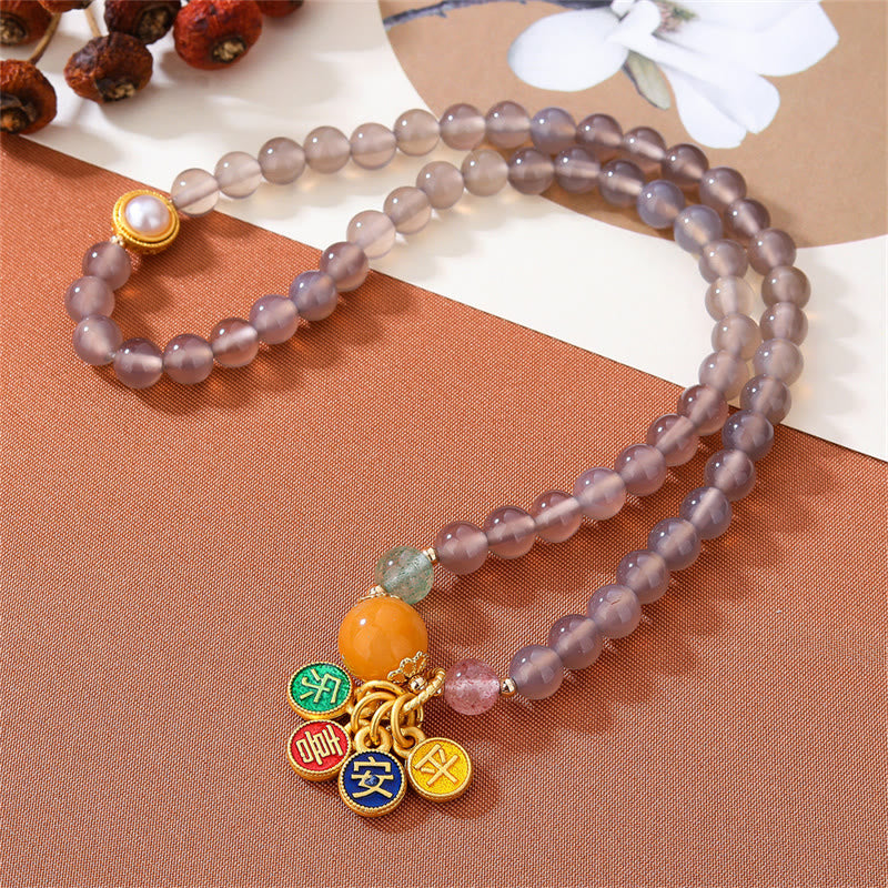 Buddha Stones Natürliches graues Achat-Friedens- und Freude-Charm-Balance-Doppelwickelarmband