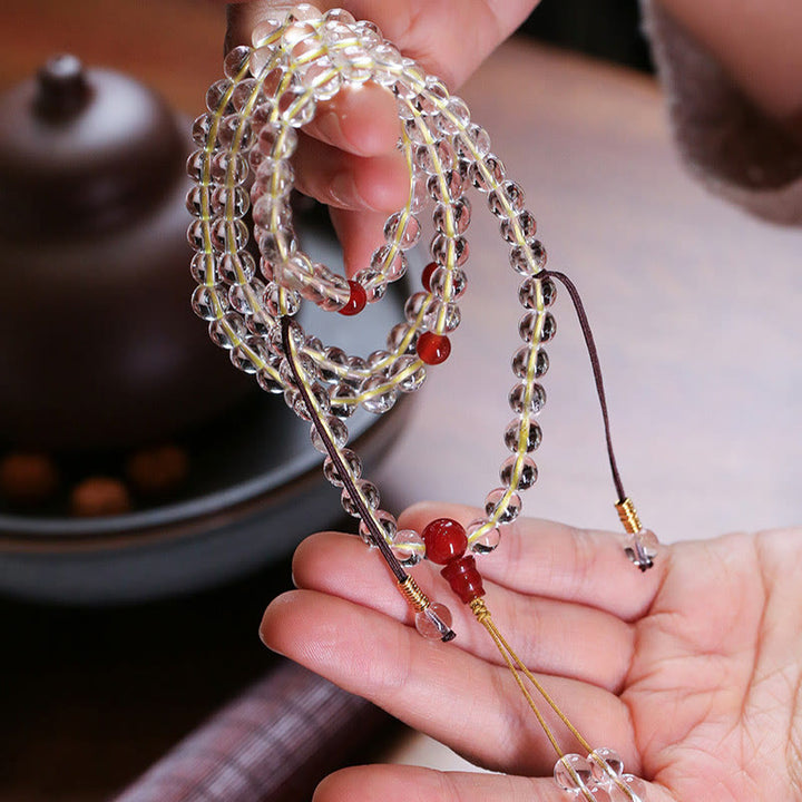 Buddha Stones 108 Mala-Perlen aus 925er-Sterlingsilber, natürlicher Weiß Achat, roter Achat, vierfach gewickeltes Schutzarmband