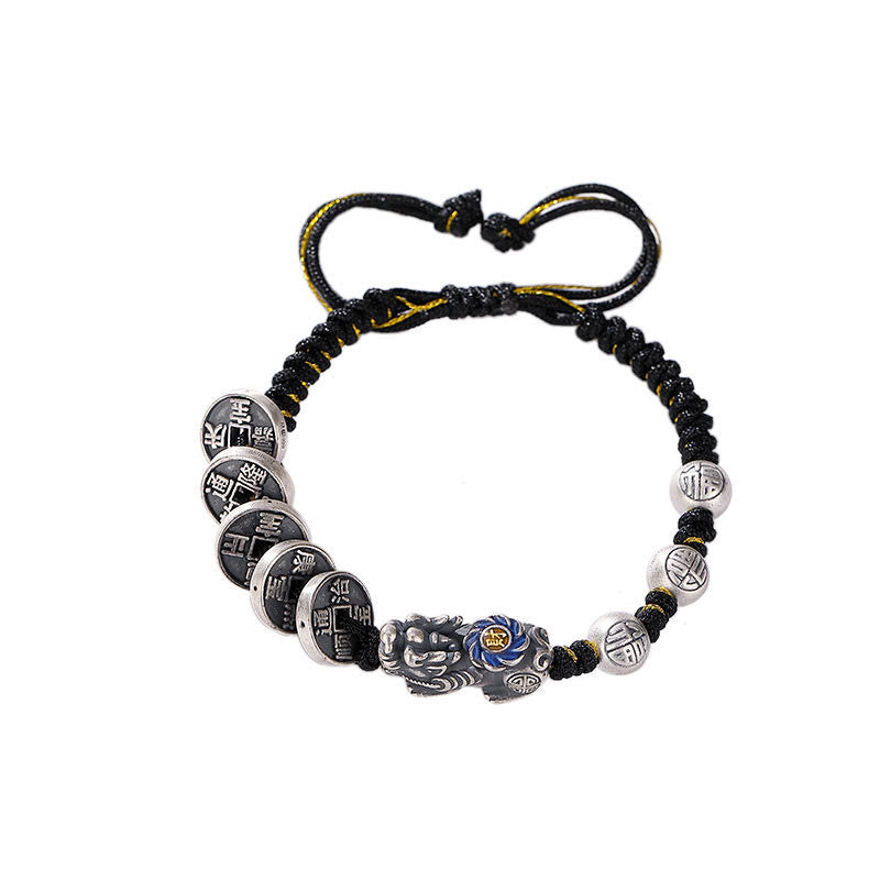 Buddha Stones 999 Sterling Silber FengShui PiXiu Kupfer Münze Fu Charakter Reichtum geflochtenes Armband