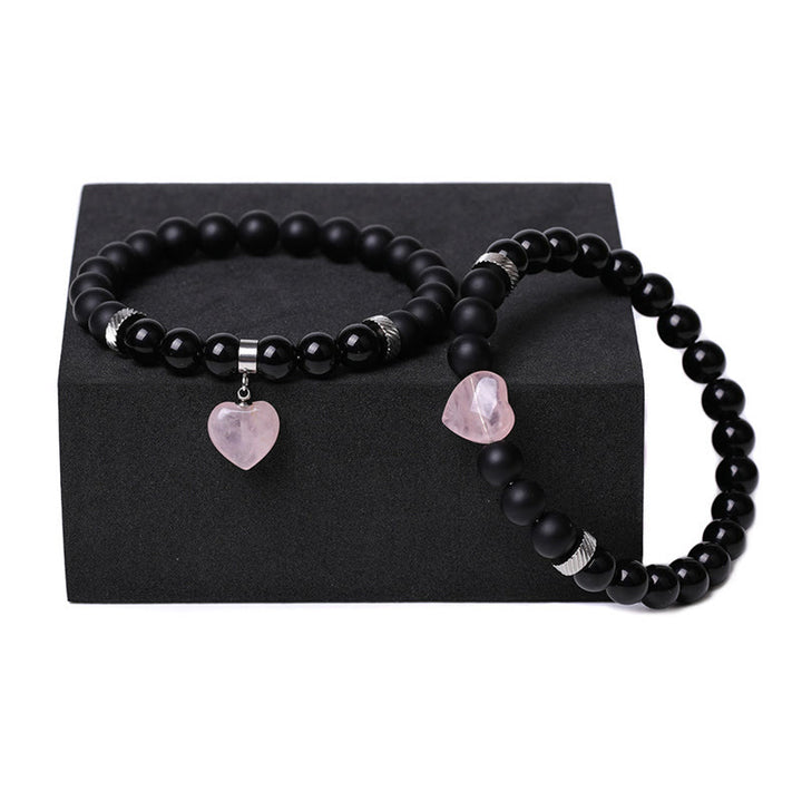 Buddha Stones 2-teiliges schwarzes Onyx-Kristall-Stein-Liebes-Herz-Schutz-Unterstützungs-Paar-Armband