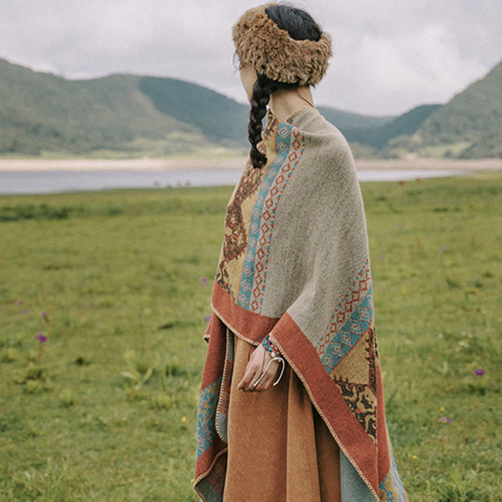 Tibetischer Schal mit Buddha Stonesn, Rautenmuster, warmer Wintermantel
