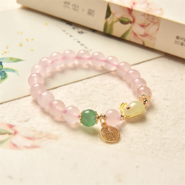 Armband „Jahr des Kaninchens“, natürliches rosa Kristallgrünes Achat-Häschen-Liebes-Glück-Armband