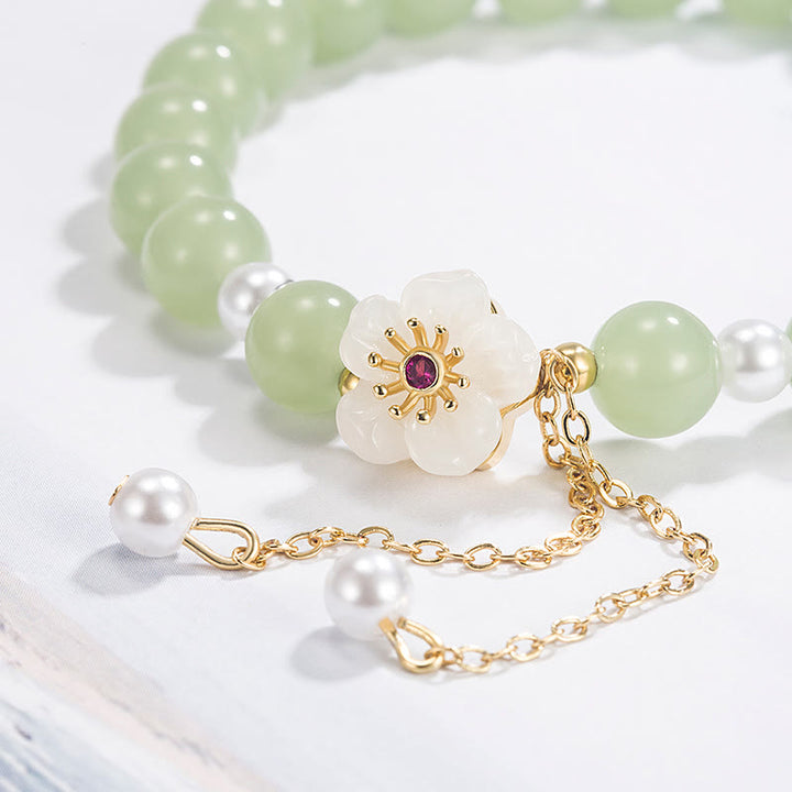 Armband mit Buddha Stonesn, Jade, Pfirsichblüte, Blume, Perle, Glück, Segen