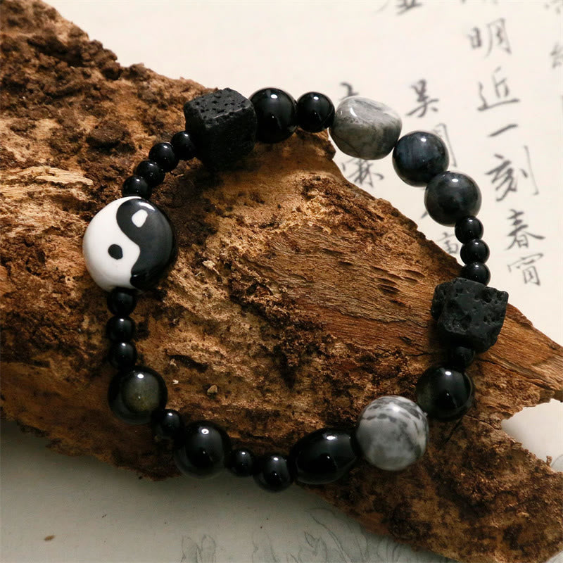 Buddha Stones Schwarzes Onyx-Picasso-Jaspis-Perlen-Yin-Yang-Glücksschutz-Armband