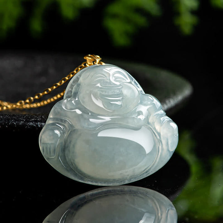 Lachender Buddha, natürlicher Jade-Halskettenanhänger aus 18-karätigem Gold