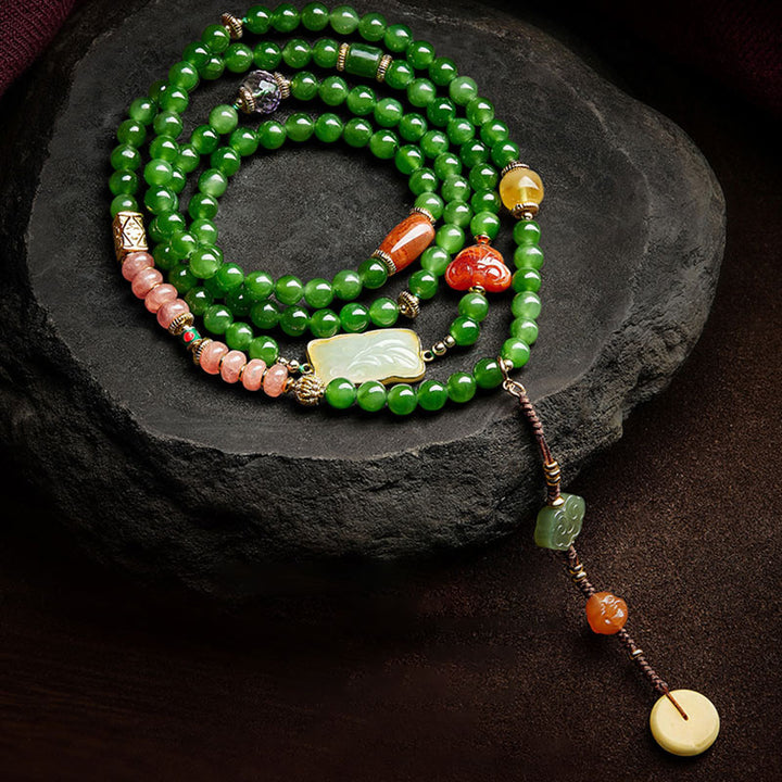 Buddha Stones 108 Mala Perlen Cyan Jade Roter Achat Lachender Buddha Glücksarmband