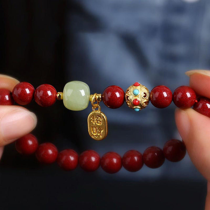 Buddha Stones, Zinnober, grüner Aventurin, Glücksschutz-Charm-Armband