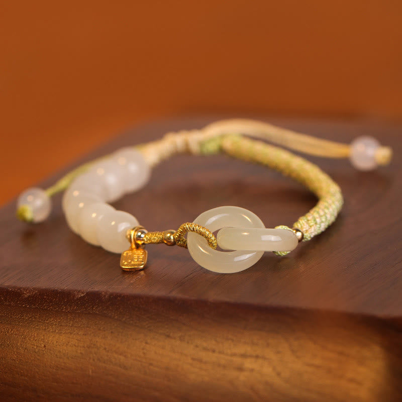 Buddha Stones Natürliche Hetian Jade Perle Doppelte Friedensschnalle Fu Charakter Fülle Geflochtenes Armband