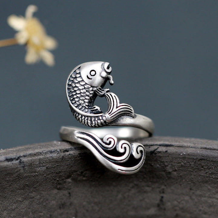 Buddha Stones 925 Sterling Silber Koi Fisch Wasser Welligkeit Glück Reichtum Ring