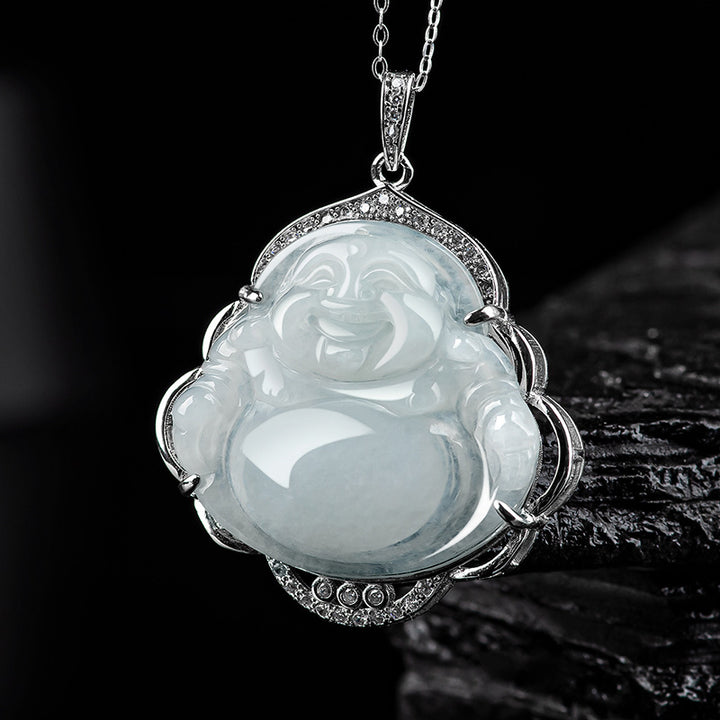 Buddha Stones 925 Sterling Silber Lachender Buddha Natürliche Jade Fülle Halskette Anhänger
