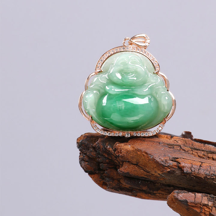 925 Sterling Silber lachender Buddha natürliche Jade Wohlstand Halskette Kettenanhänger