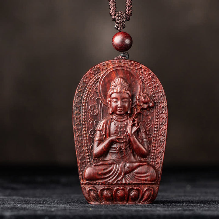 Chinesischer Sternzeichen-Natal-Buddha, kleines Blatt, rotes Sandelholz, Lotus-Schutz-Halsketten-Anhänger