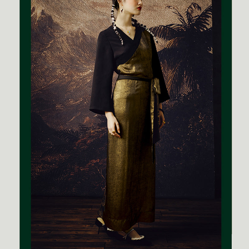 Buddha Stones Tibetisches Kleid Kleidung Lhasa Gold Schwarz Langes Wickelkleid Maxikleid Damenbekleidung