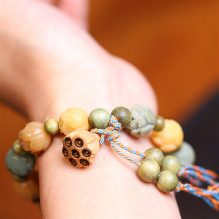 Armband mit Buddha Stonesn, Bodhi-Samen, Lotus, grünes Sandelholz, Weisheit, Harmonie