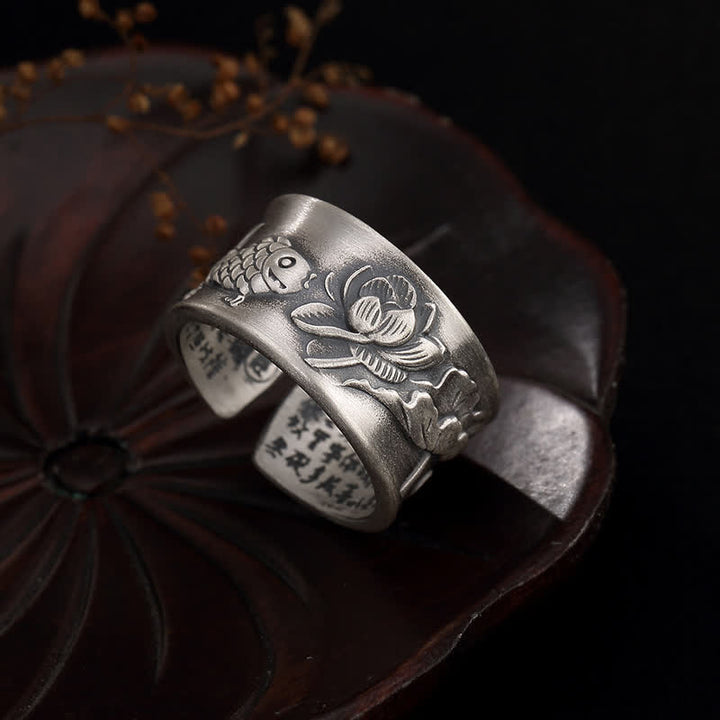 999 Sterling Silber Glück Koi Fisch Lotus Herz Sutra Reichtum Ring