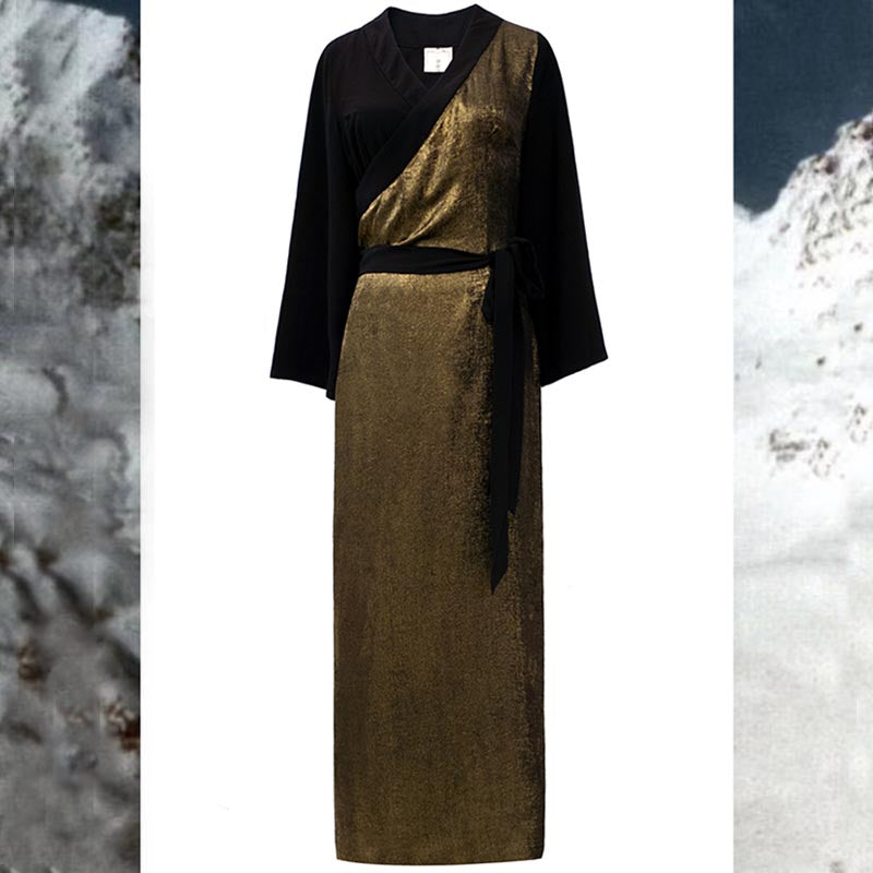 Buddha Stones Tibetisches Kleid Kleidung Lhasa Gold Schwarz Langes Wickelkleid Maxikleid Damenbekleidung