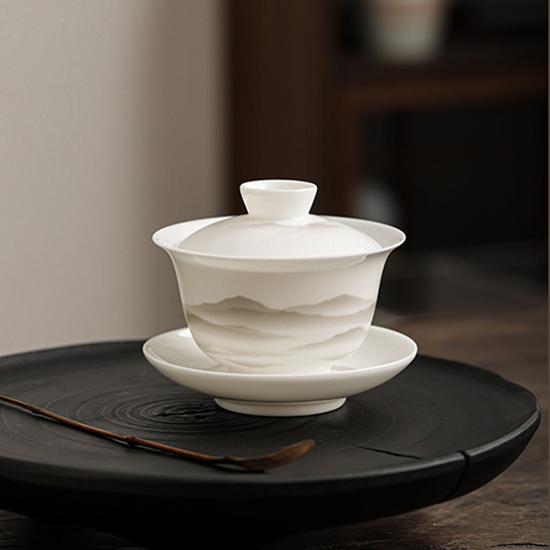 Buddha Stones, Vintage-Tuschemalerei, Berg , Weiß Porzellan, Keramik, Gaiwan, Sancai, Teetasse, Kung-Fu-Teetasse und Untertasse mit Deckel, Teeutensilien-Teekanne