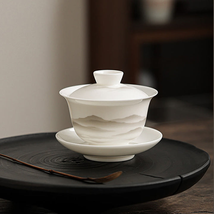 Buddha Stones, Vintage-Tuschemalerei, Berg , Weiß Porzellan, Keramik, Gaiwan, Sancai, Teetasse, Kung-Fu-Teetasse und Untertasse mit Deckel, Teeutensilien-Teekanne