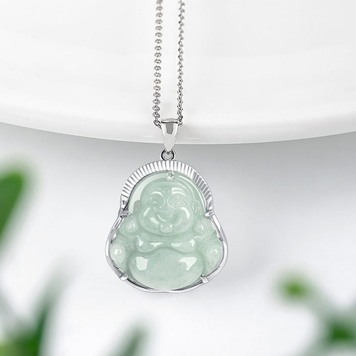 Buddha Stones 925 Sterling Silber Lachender Buddha Jade Glück Ruhe Halskette Kettenanhänger