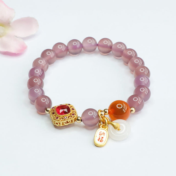 Charm-Armband mit Buddha Stonesn, natürlichem violettem Chalcedon, Bonbon-Achat, Friedensschnalle, Harmonie, Glück, Glück