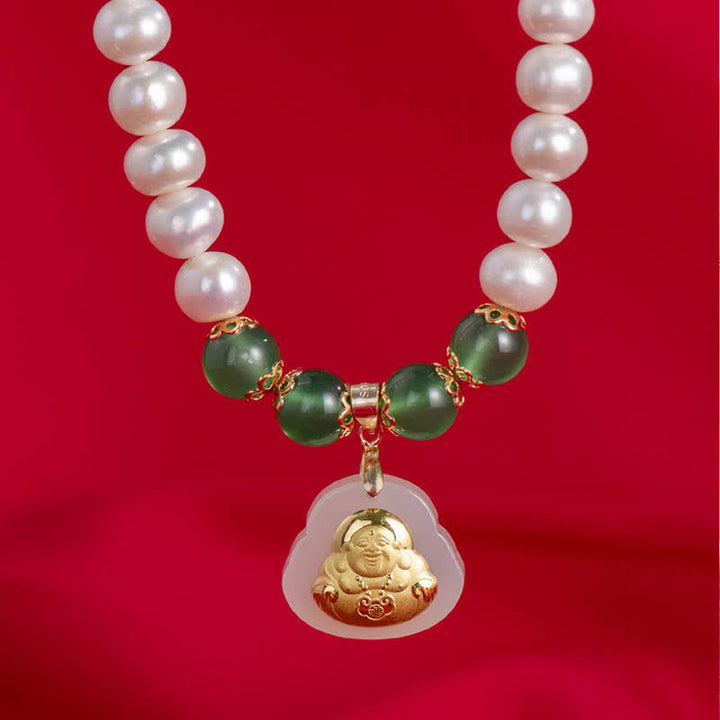 Buddha Stones 999 Gold Lachender Buddha Hetian Weiß Jade Perle Segen Halskette Anhänger