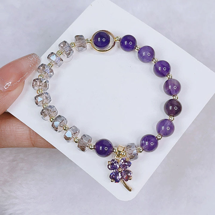 Buddha Stones Amethyst-Kristall, vierblättriges Kleeblatt, heilendes Charm-Armband