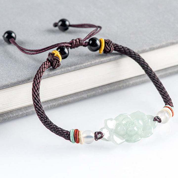 Buddha Stones natürliche Jade Lotusblume geschnitzt Glück Fülle Seil Armband