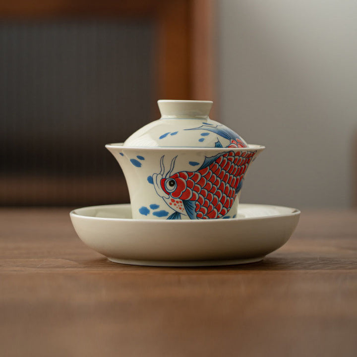 Buddha Stones Koi Fisch Arowana Keramik Gaiwan Sancai Teetasse Kung Fu Teetasse mit Deckel 130 ml