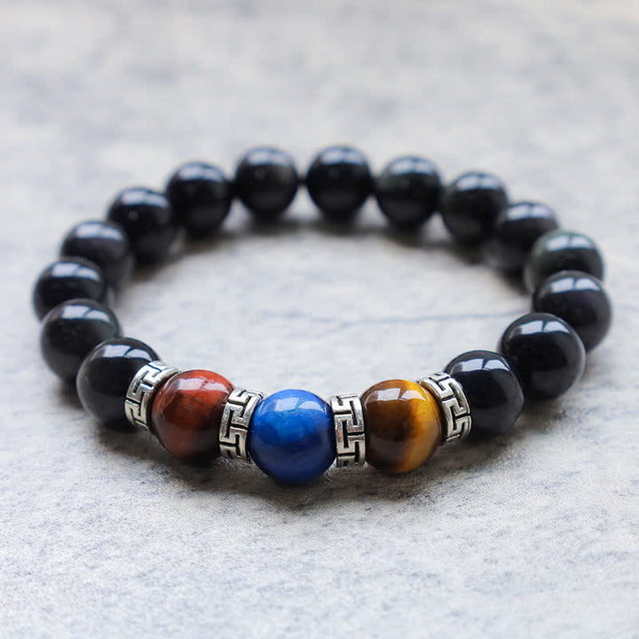 Natürliches schwarzes Obsidian-Tricolor-Tigerauge-Stärke-Armband