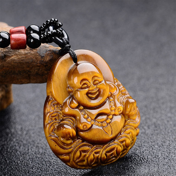 Buddha Stones Halskette mit Tigerauge, lachender Buddha, Segen