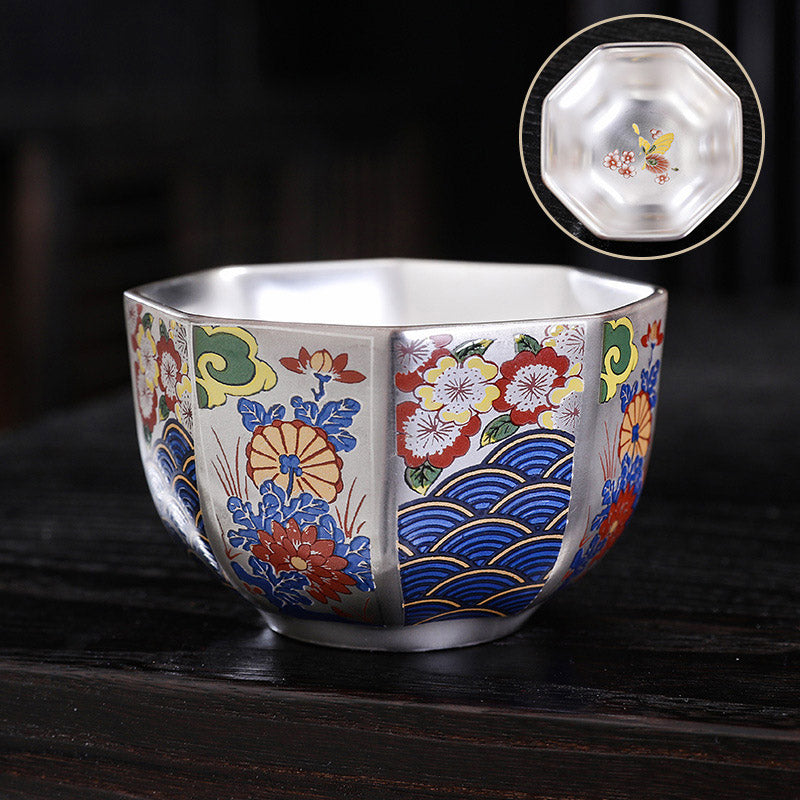 Buddha Stones 999 Sterling Silber Vergoldung Chrysanthemenblüten Keramik Teetasse Kung Fu Teetasse