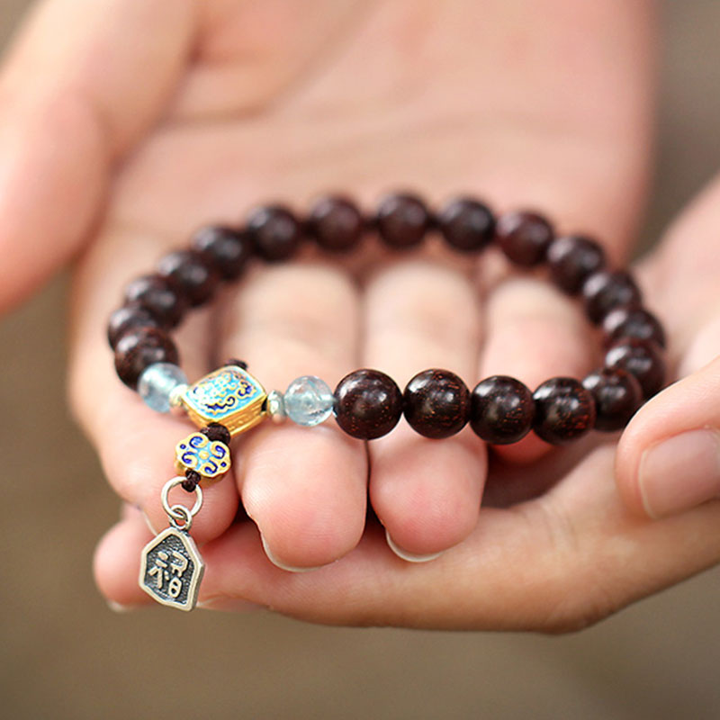 Buddha Stones, 925er-Sterlingsilber, indisches kleines Blatt, rotes Sandelholz, Aquamarin, voller Goldstern, chinesisches Knoten-Segen-Armband