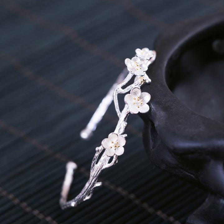 Buddha Stones 925 Sterling Silber Pflaumenblüten-Segen-Armband, verstellbarer Armreif