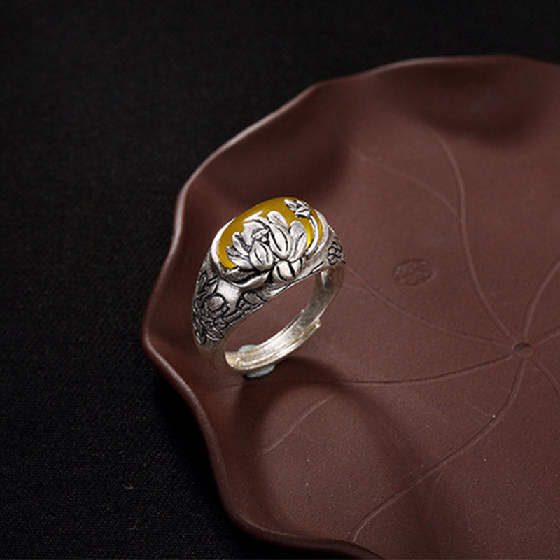 Buddha Stones Silber Citrin Lotus Segen Schutz verstellbarer Ring