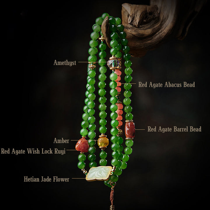 Buddha Stones 108 Mala Perlen Cyan Jade Roter Achat Lachender Buddha Glücksarmband