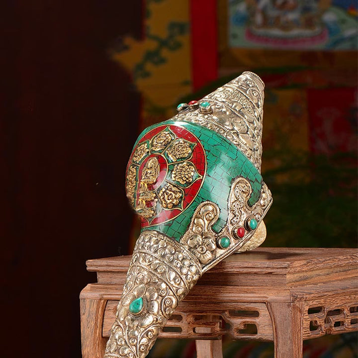 Tibetische handgefertigte gravierte Shankha Doppel-Dorje-Buddha-Muschelmuschel, Reichtum, positive Dekoration