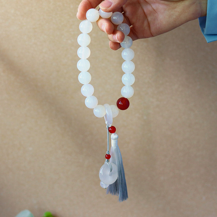 Buddha Stones, Weiß Achat, roter Achat, Glücks-Handgelenk-Mala, Quasten, Taschen-Mala, Auto-Dekoration