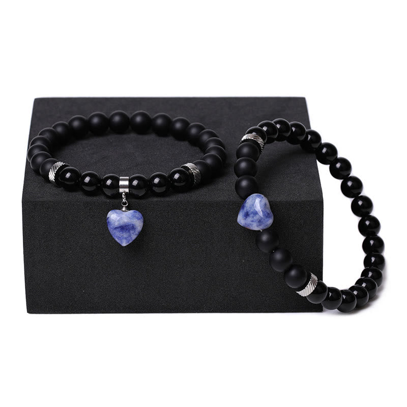 Buddha Stones 2-teiliges schwarzes Onyx-Kristall-Stein-Liebes-Herz-Schutz-Unterstützungs-Paar-Armband