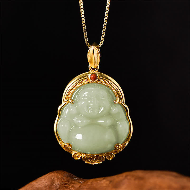 925 Sterling Silber lachender Buddha natürliche Hetian Jade Glück Wohlstand Halskette Anhänger