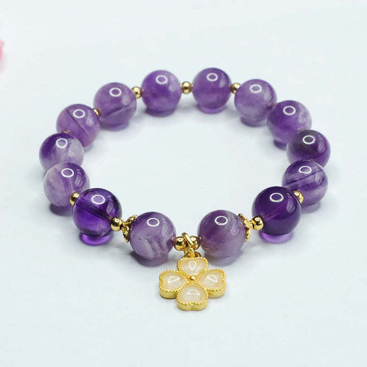 Buddha Stones Natürlicher Amethyst-Kristall, innerer Frieden, vierblättriges Kleeblatt-Charm-Armband